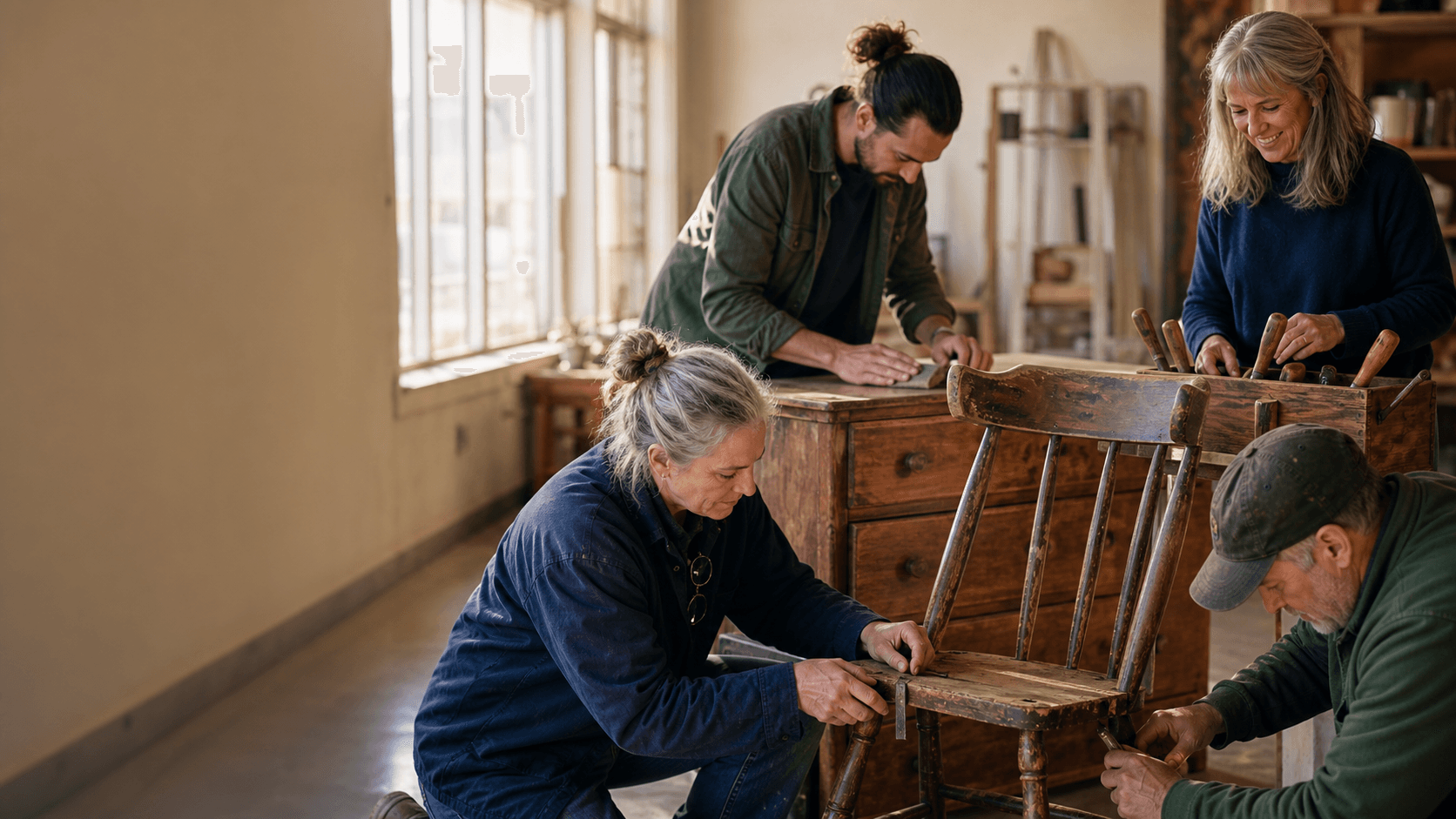 Volunteers work together to restore a worn wooden chair and dresser in a sunlit workshop.